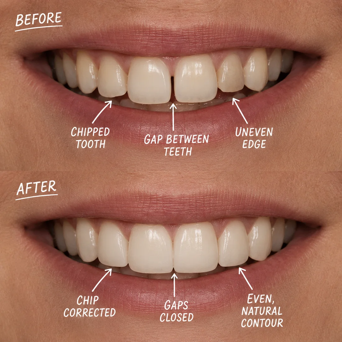 Composite bonding before and after — a chipped tooth, gap between teeth and uneven edge corrected to an even, natural contour
